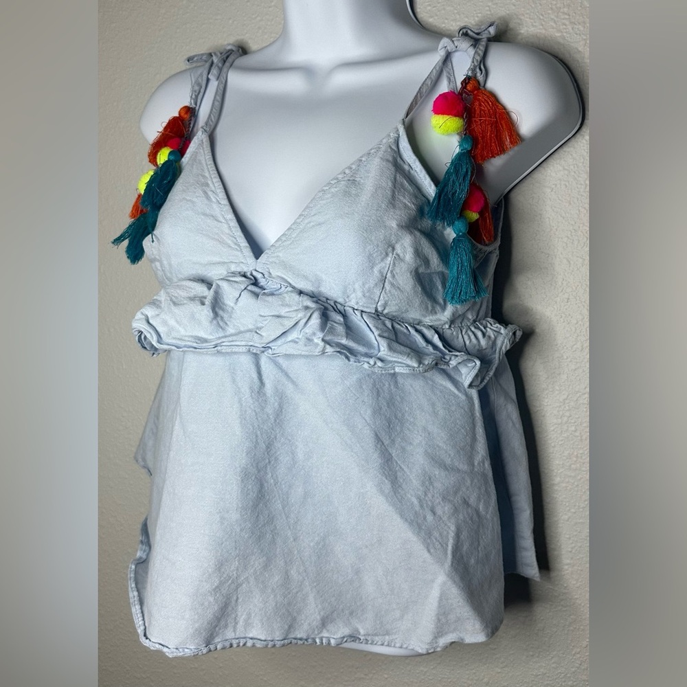 Zara trf collection Light Blue Pom Pom Tie Strap Tank Top Size Small